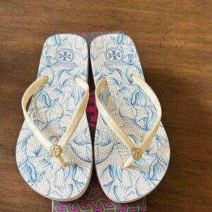Tory Burch Cream and Blue Leaf Flip Flops
